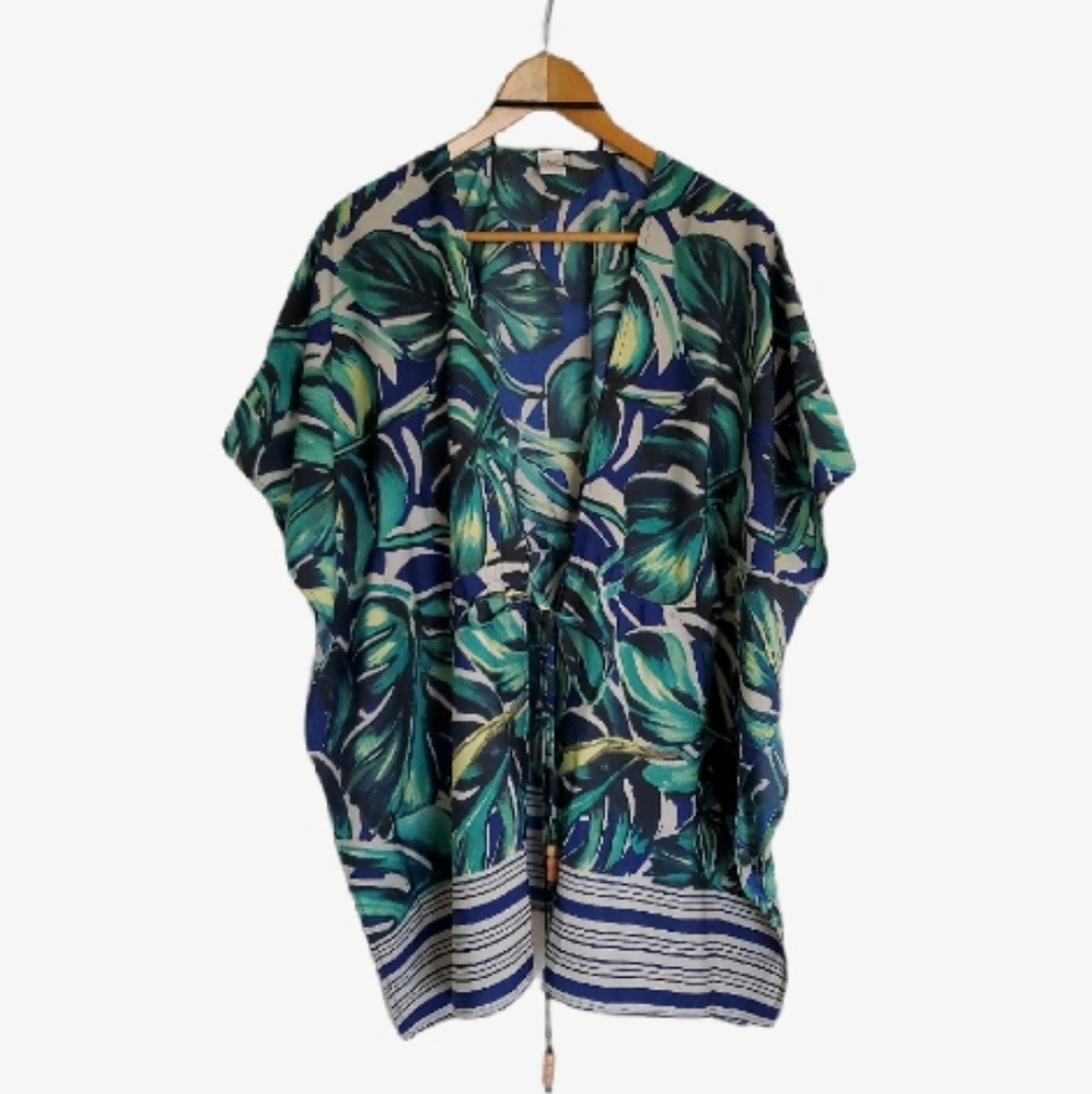 🌿 Resort Kimono Monstera Leaf Tropical Wrap Jacket Beach Cover Up Vacation Top